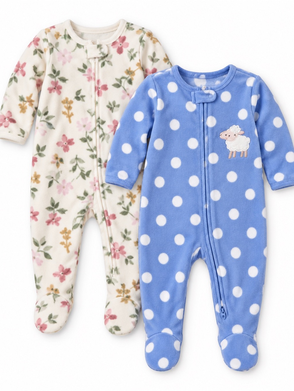 Carter's Blue Polka Dot & Cream Floral Footed One-Pieces - Set of 2